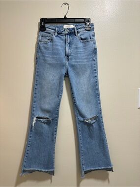 Hidden High Rise Light Blue Distressed Crop Flare Jeans